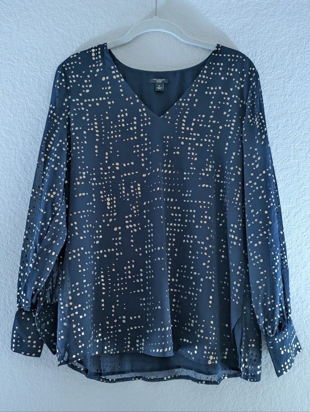 Ann Taylor Navy Blouse with Metallic Dot Pattern